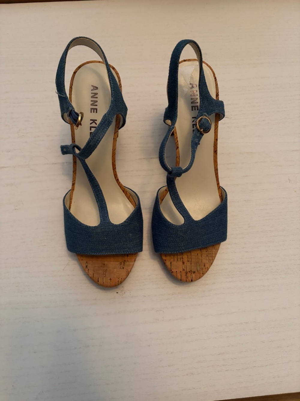 Anne Klein Denim T-Strap Cork Wedge Sandals